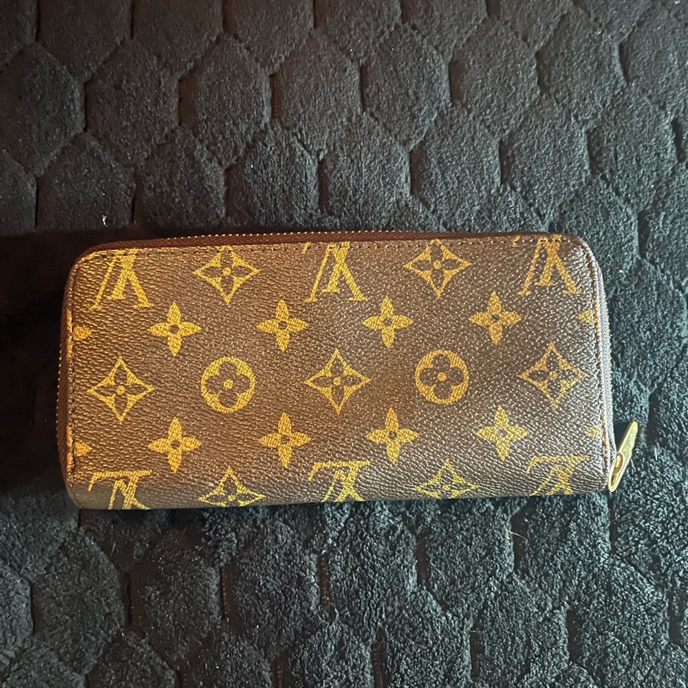 Brown and Gold Monogram Zip Wallet